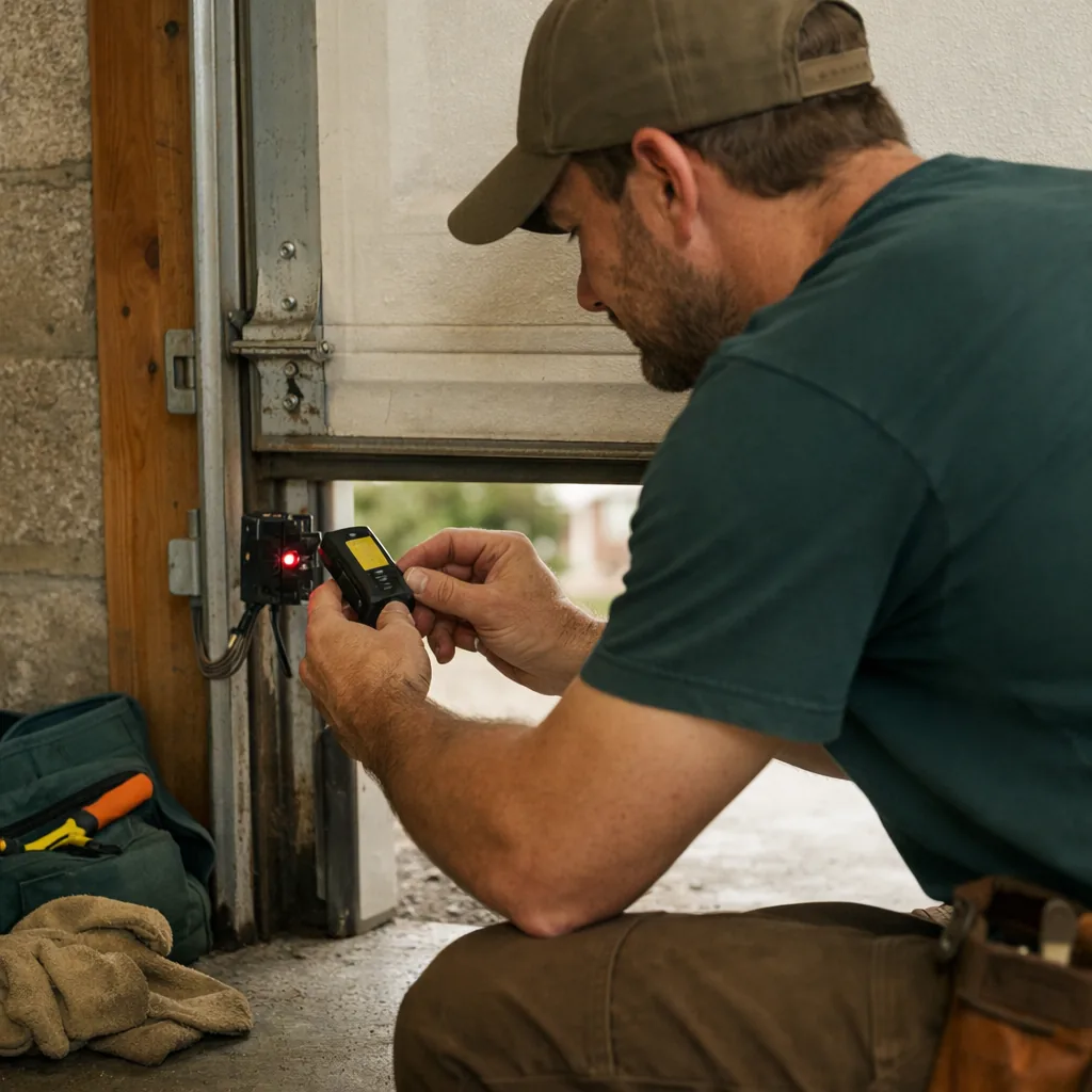 Technician in plain workwear testing a garage door photo eye sensor beside the door