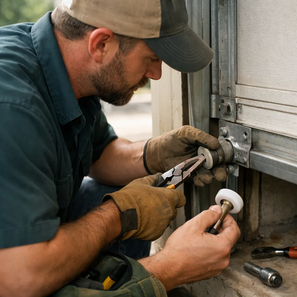 Technician in plain workwear replacing a worn nylon roller in the track of a residential garage door