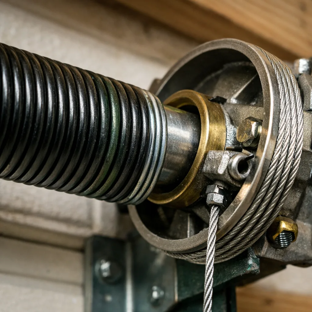 Close-up of a new torsion spring and cable drum on a garage door shaft, clean hardware