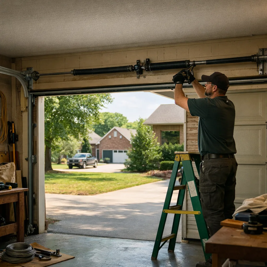 Technician in plain workwear inspecting the torsion spring over a residential two-car garage door, with a suburban driveway in view