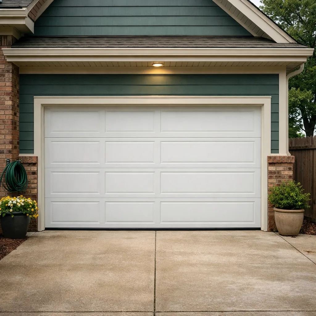 Repaired residential two-car garage door closed and level on a suburban house