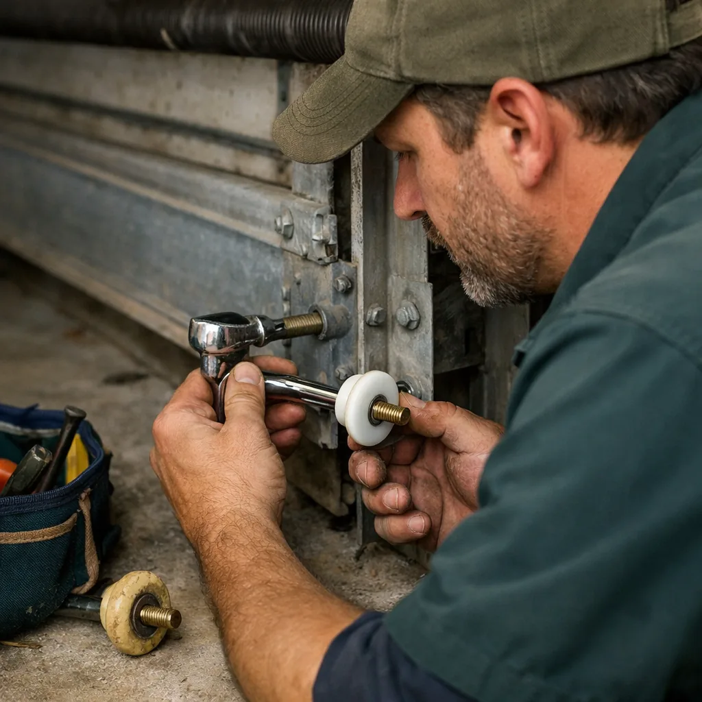 Technician in plain workwear replacing a worn nylon roller on a garage door track