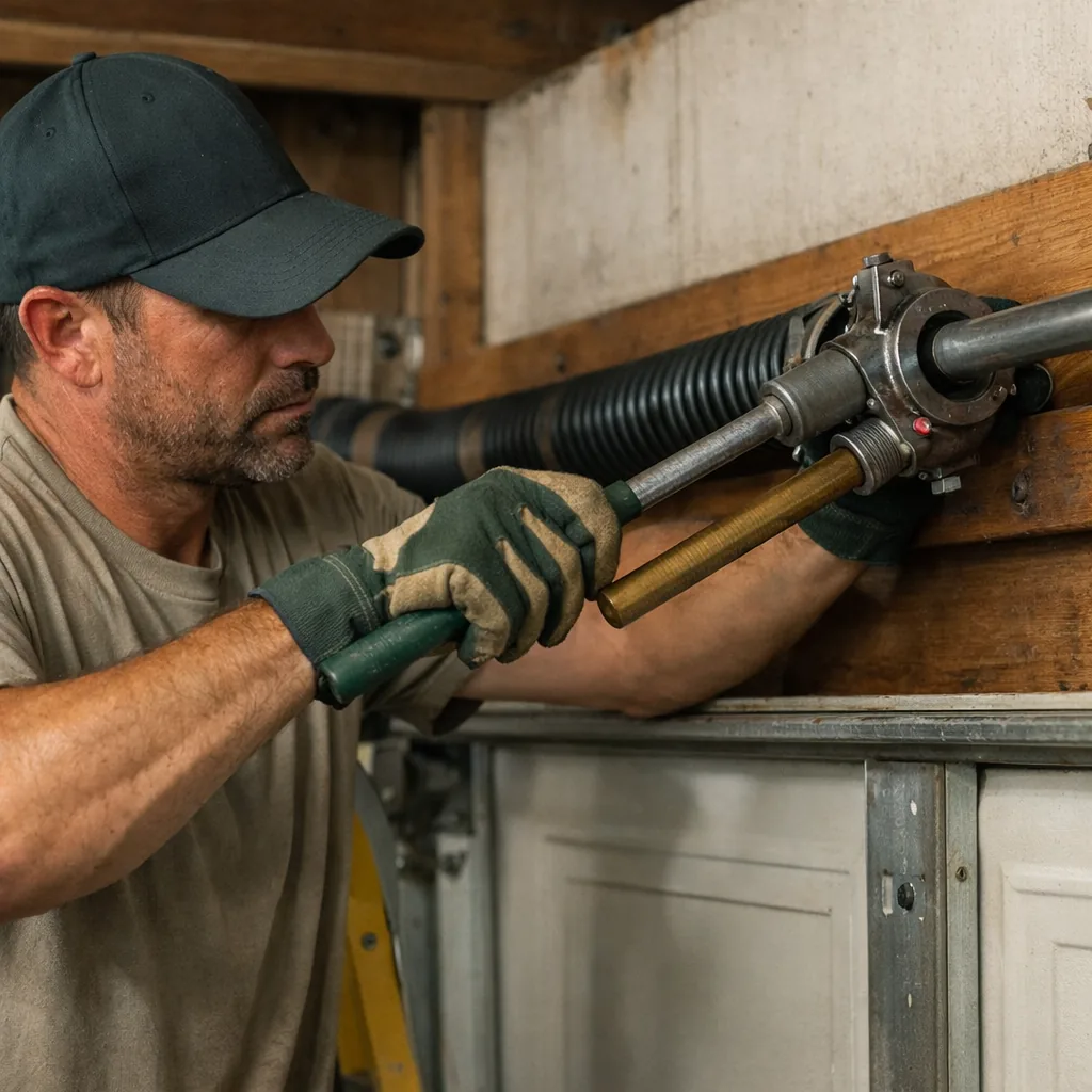 Technician in plain workwear working on a garage door spring with winding bars, close view inside a residential garage