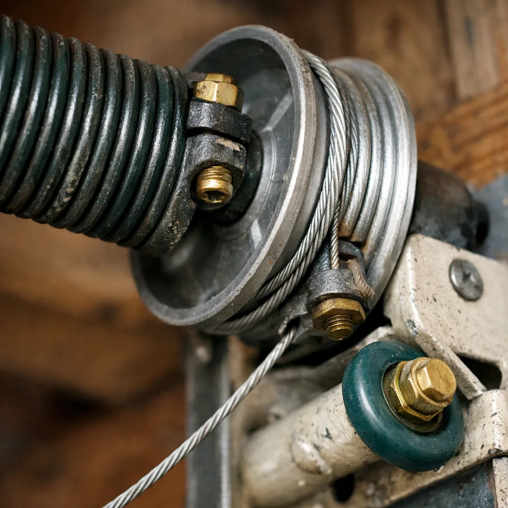 Close-up of a torsion spring, cable drum and bottom bracket on a garage door after repair