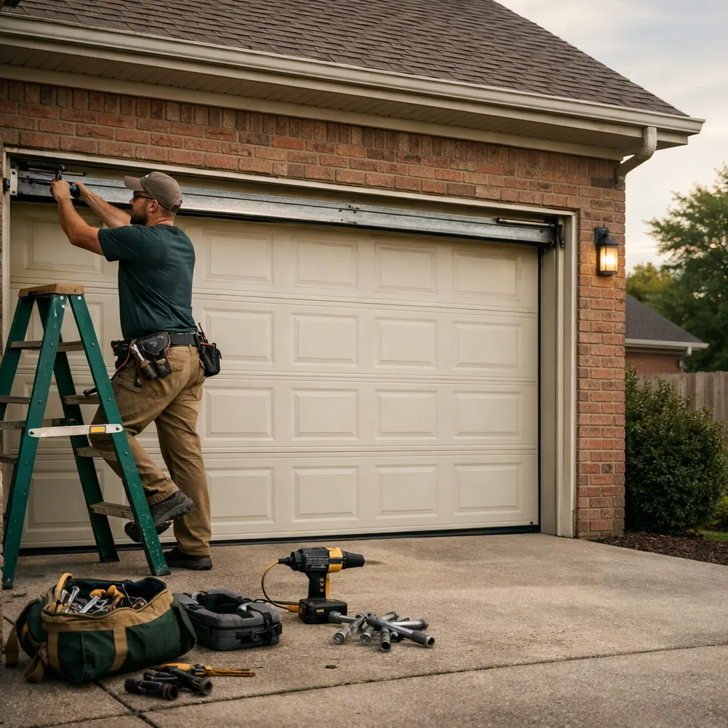 Wide view of a technician in plain workwear repairing the track of a closed two-car garage door on a suburban brick home