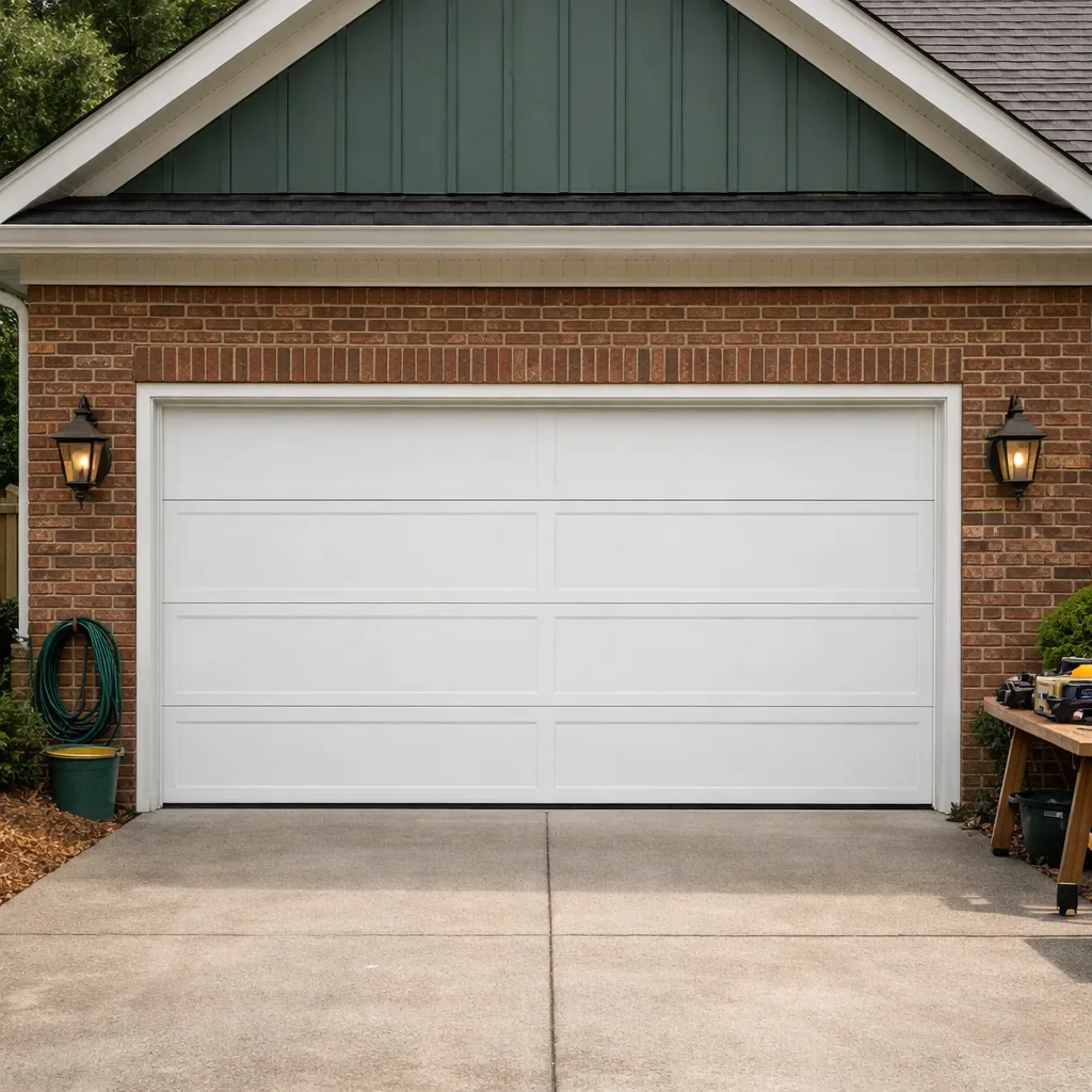 A repaired two-car garage door on a suburban Tennessee home, door closed and level, trim clean
