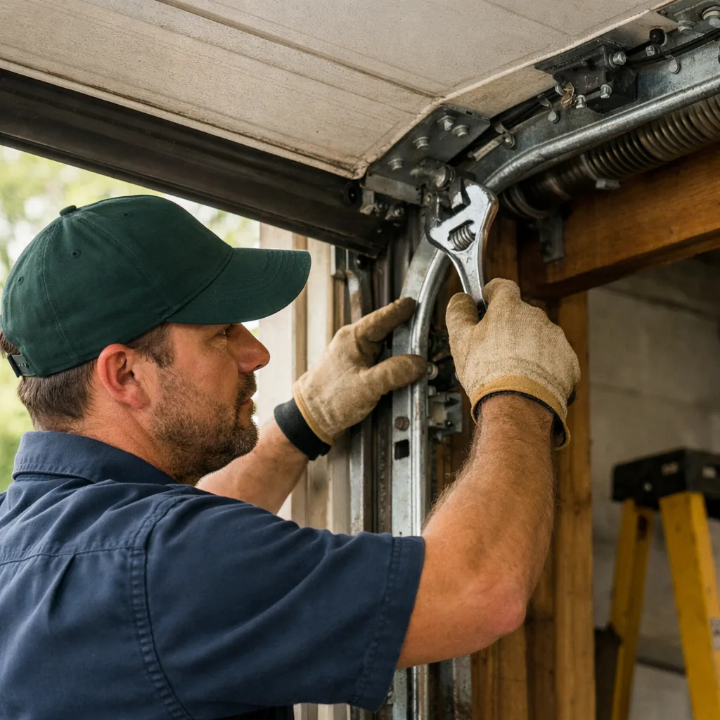 Technician in plain workwear adjusting a garage door track with a wrench while the door sits half open
