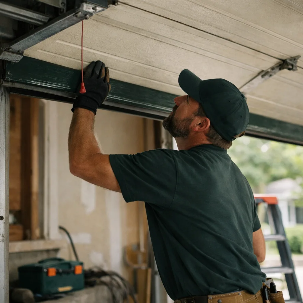 Technician in plain workwear checking the balance of a garage door by lifting it by hand with the opener disconnected