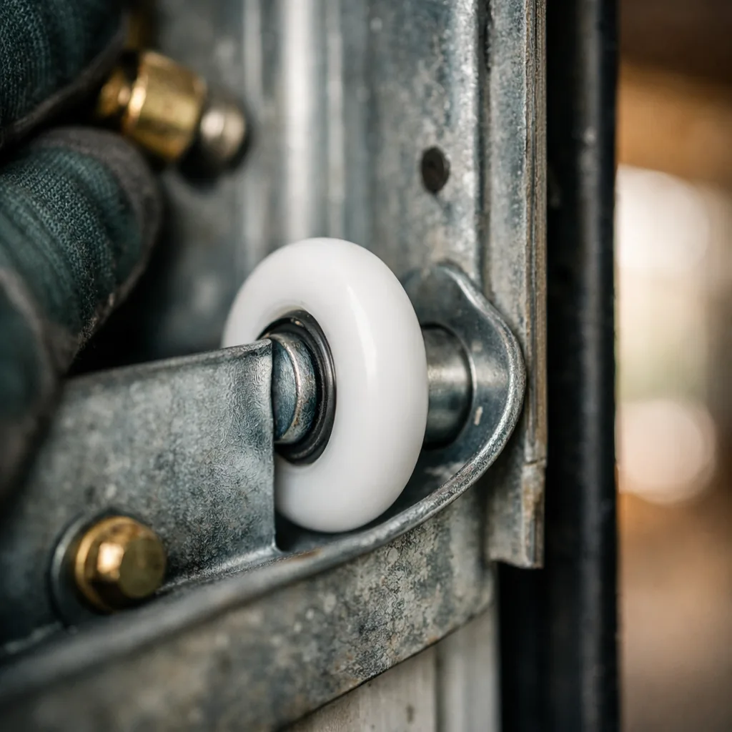 Close-up of new nylon rollers seated in a steel garage door track
