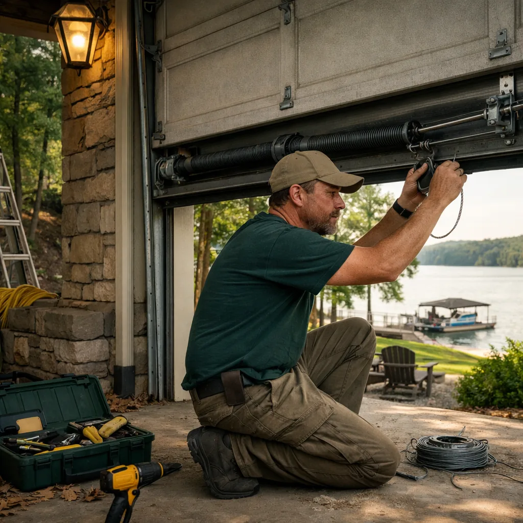 Technician in plain workwear kneeling beside a residential garage door, checking cables and a spring, on a suburban home with trees