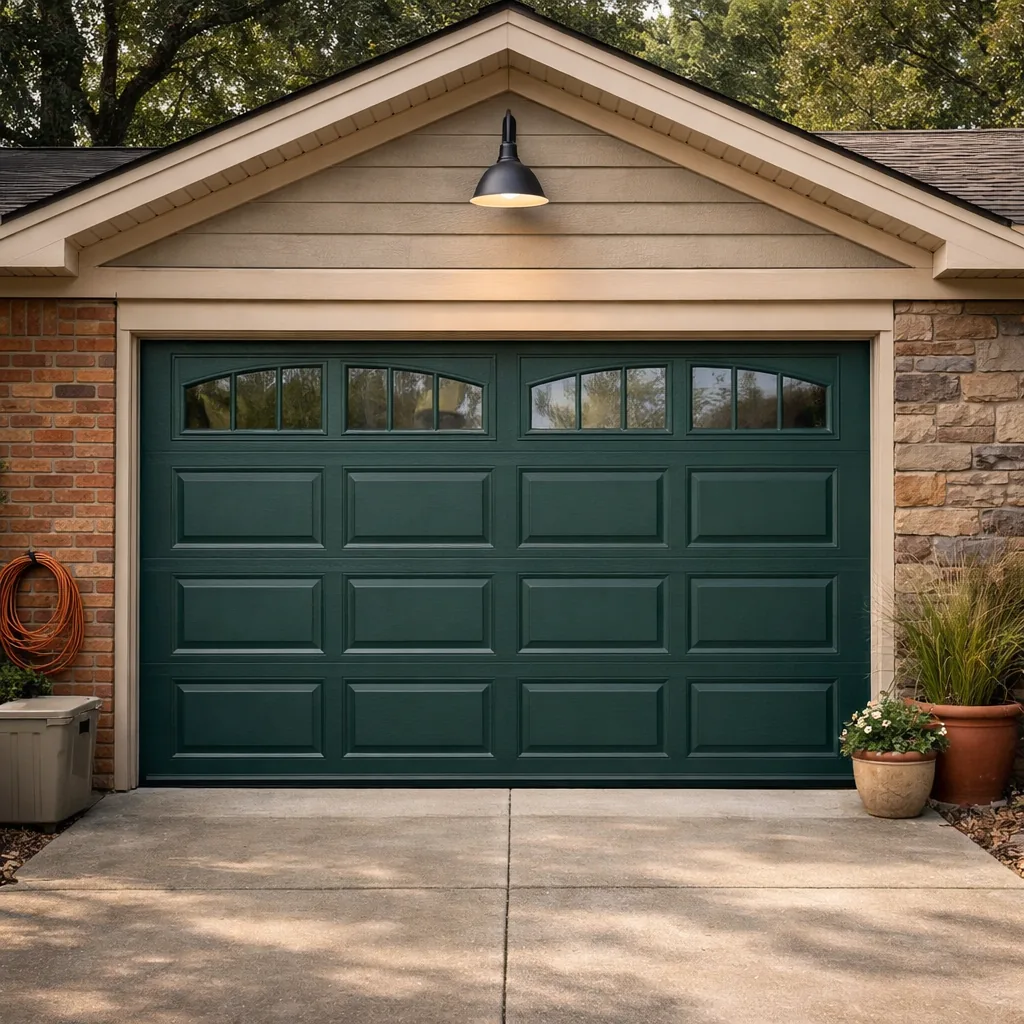 Repaired residential garage door fully closed and straight on a suburban home with mature trees