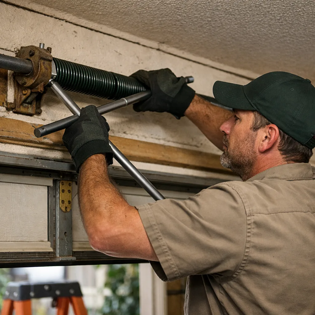 Technician replacing a torsion spring on a residential garage door using winding bars