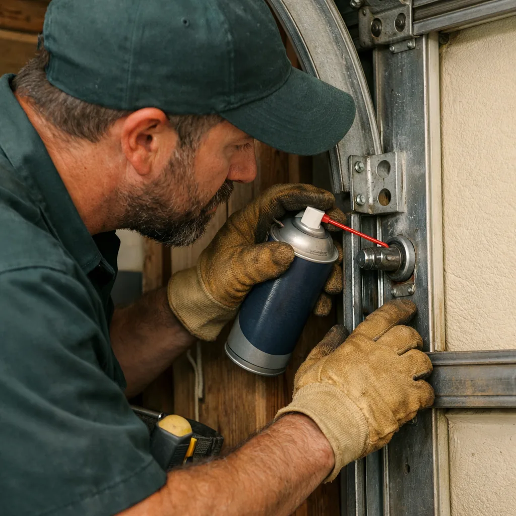 Technician in plain workwear lubricating and checking a steel garage door track and rollers, close view