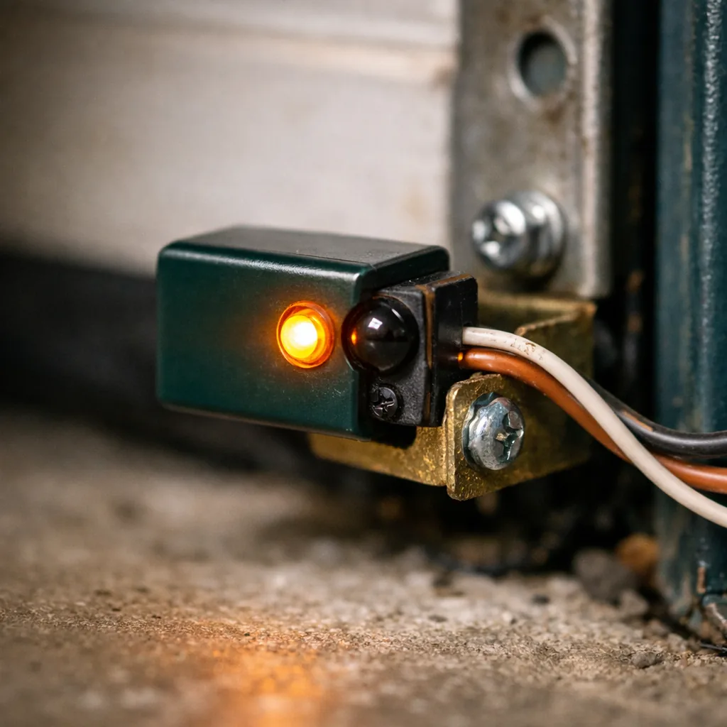 Close-up of a photo-eye safety sensor on its bracket near the floor with an indicator light on and tidy wiring