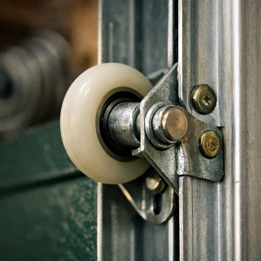 Close-up of new rollers seated in a clean vertical track with tight hinge brackets