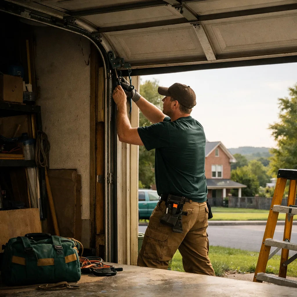 Wide shot of a technician in plain workwear resetting a residential garage door roller into its track at a suburban house, daylight