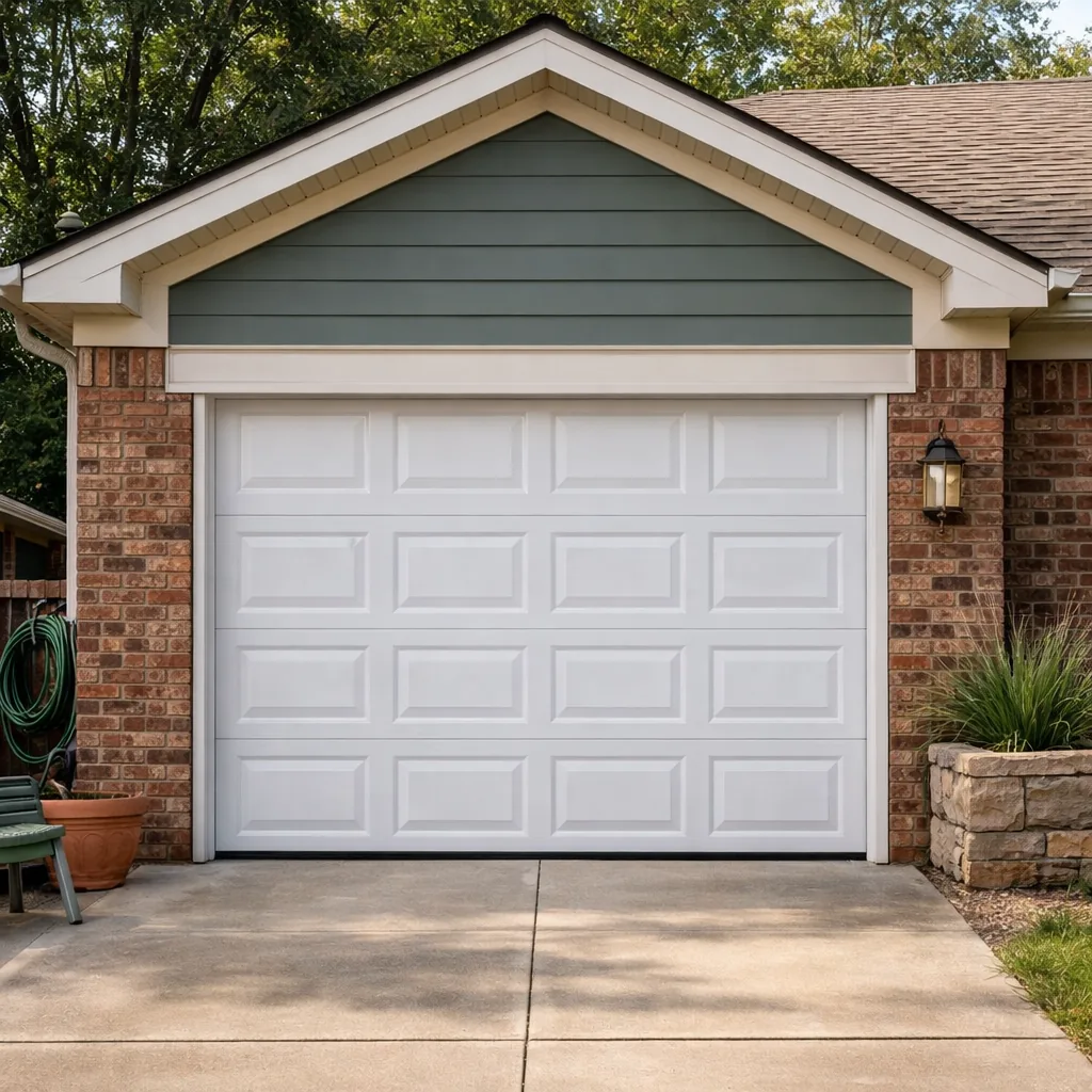 A repaired single-car garage door on a suburban house, closed and level, daylight