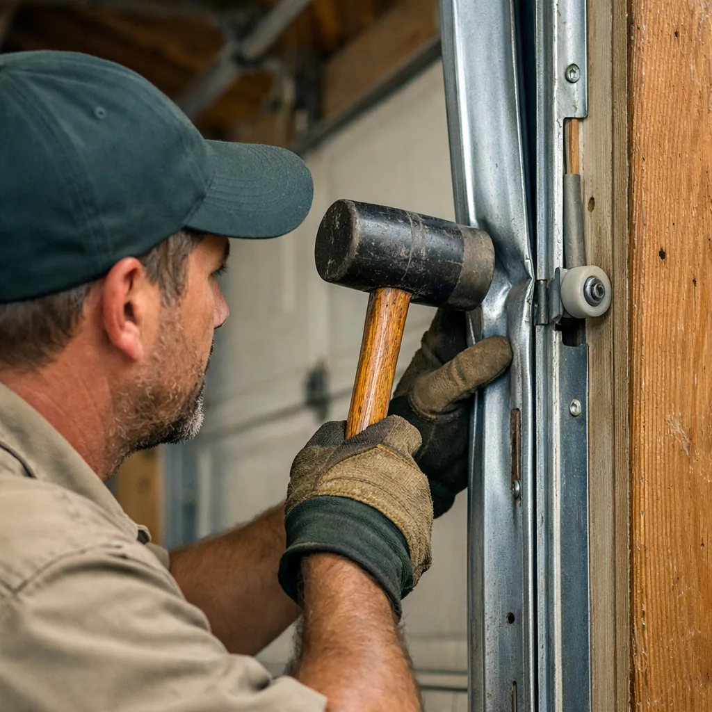 A technician in plain workwear straightening a dented garage door vertical track with a mallet, close view