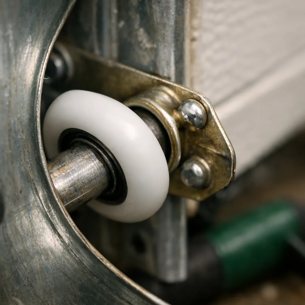 Close-up of a new roller and hinge seated in a garage door track