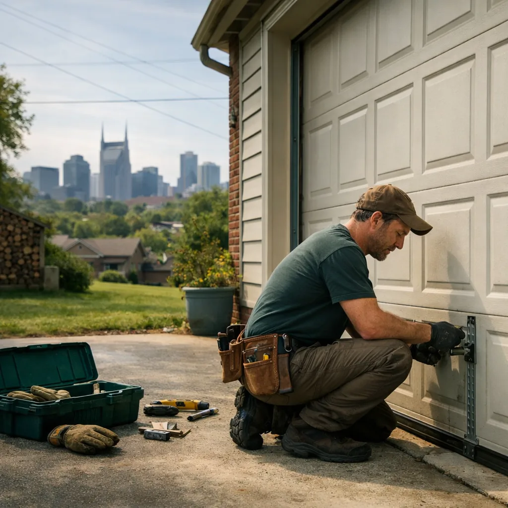 Technician in plain workwear kneeling at the side track of a closed single-story house garage door, checking a roller and hinge