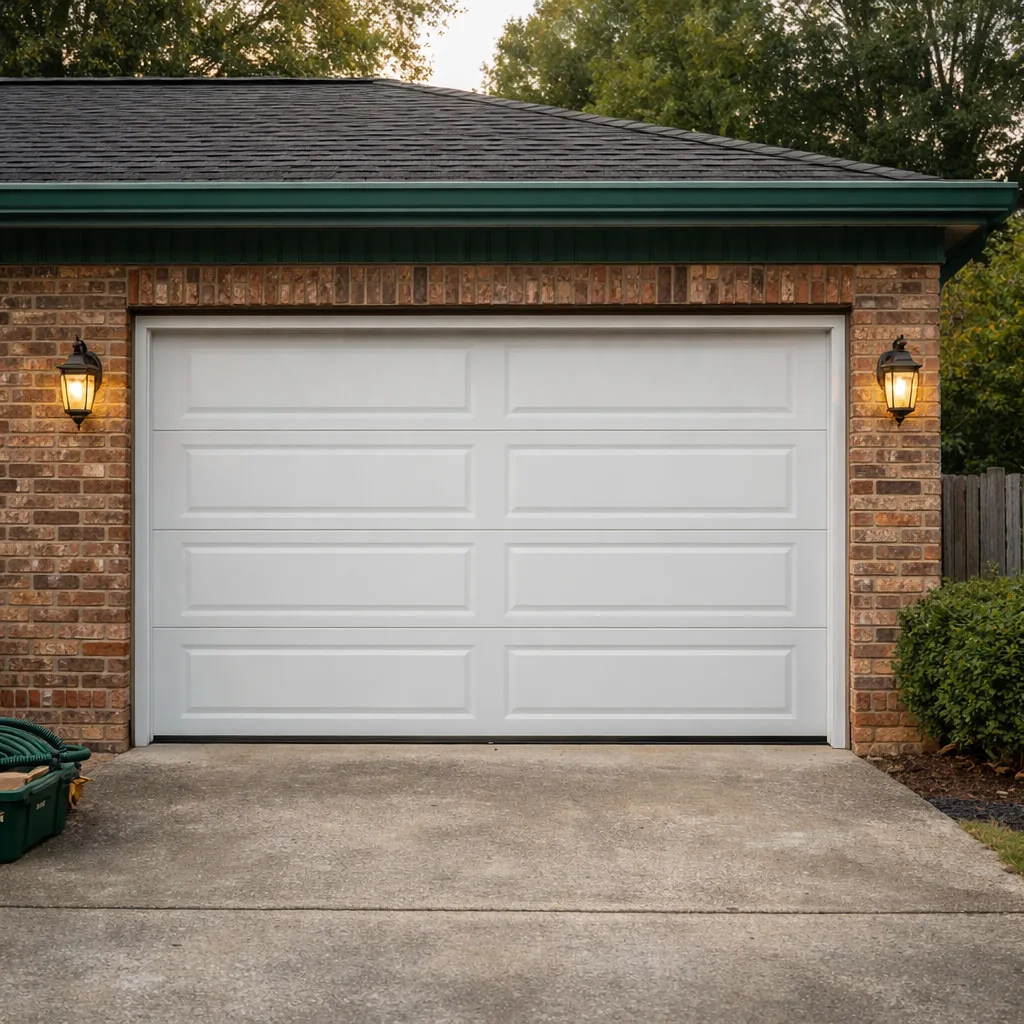 Repaired garage door closed evenly on a single-story brick house, panels level with no gaps along the sides