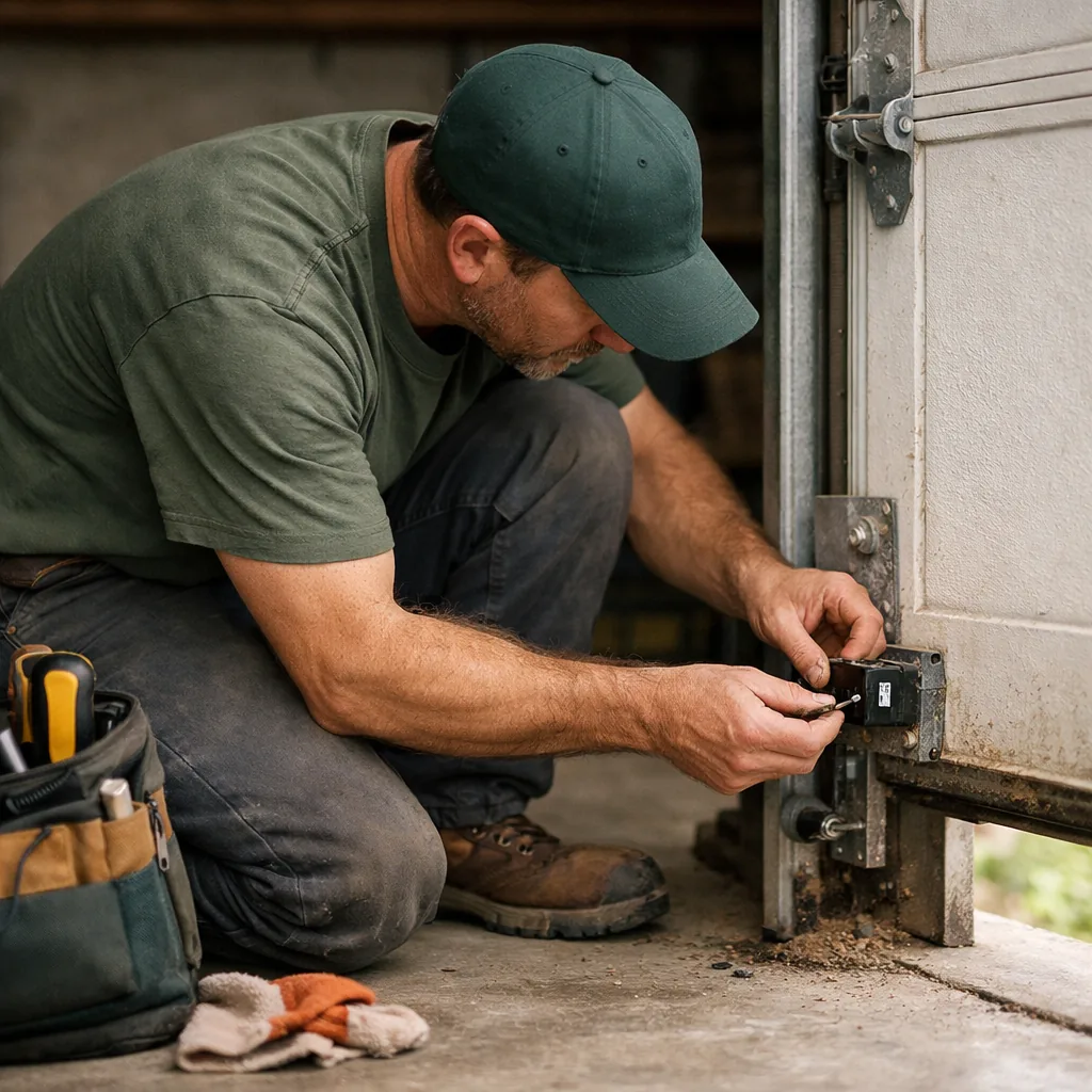 Technician in plain workwear aligning a garage door photo eye sensor near the floor