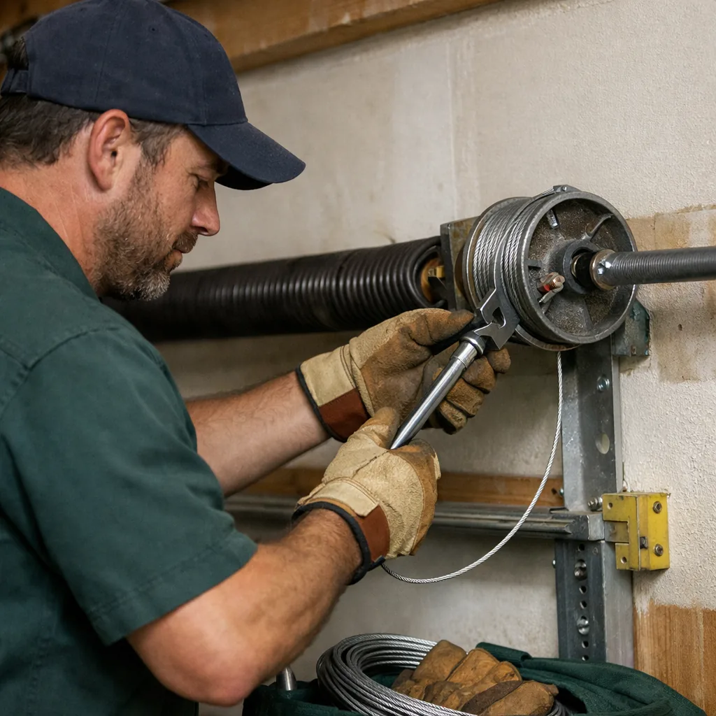 Technician in plain workwear fitting a new cable onto the drum at the side of a residential garage door
