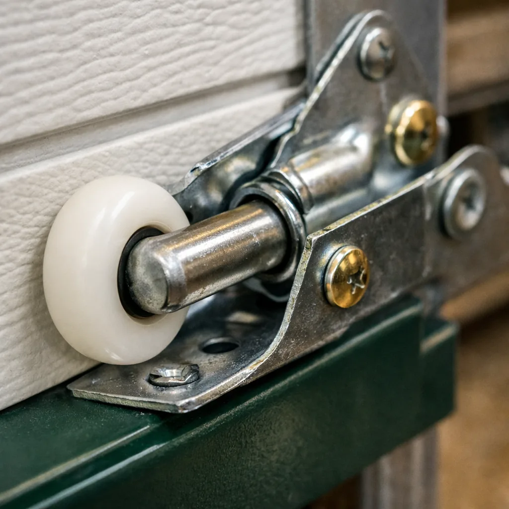Close-up of new nylon rollers and a hinge installed on a garage door panel with clean hardware