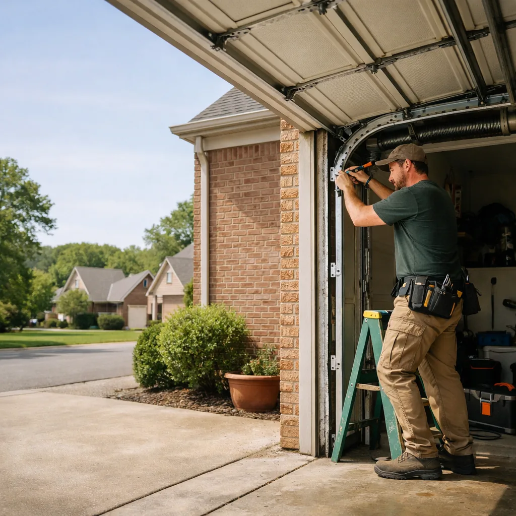 Technician in plain workwear adjusting rollers in the track of a residential garage door at a brick suburban home with a driveway in bright daylight