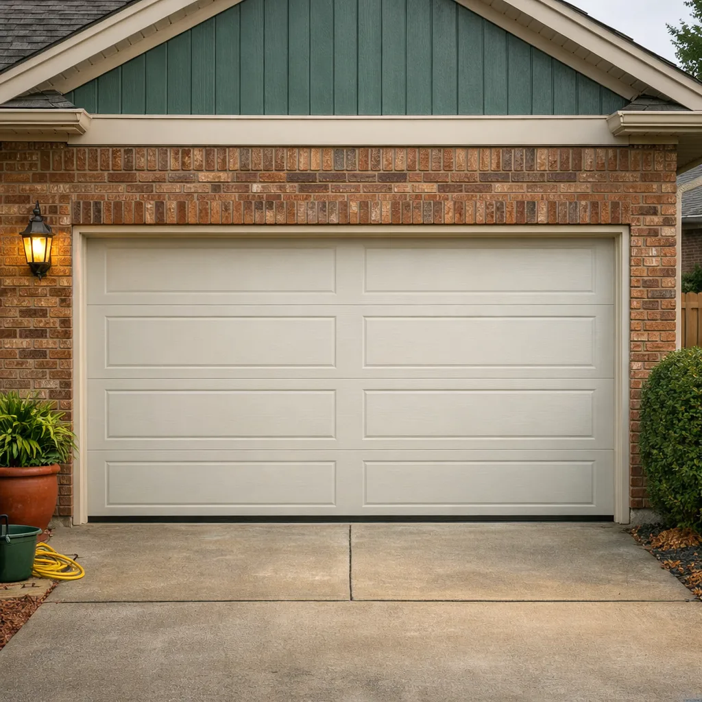 Repaired residential garage door closed and level on a brick home