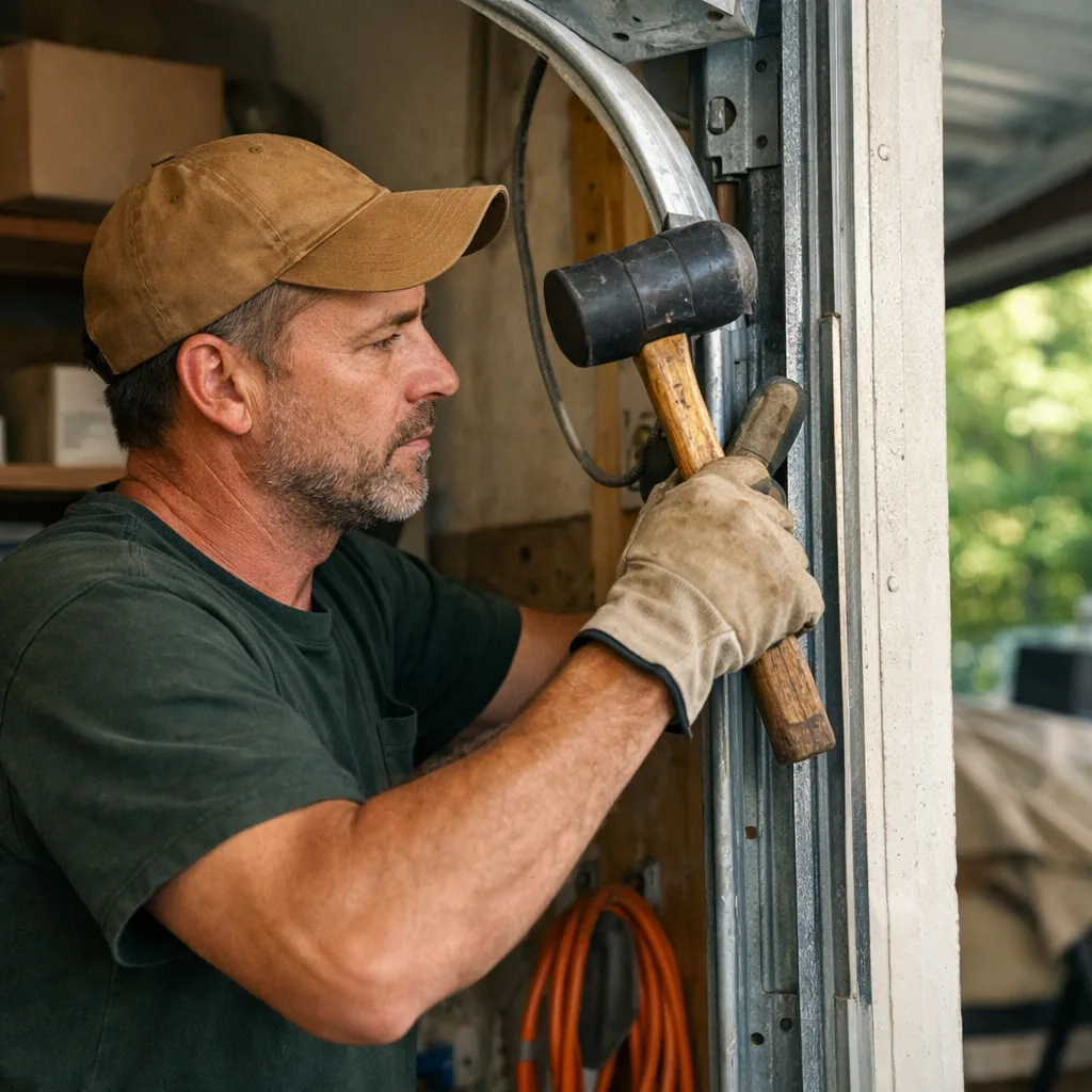 Technician in plain workwear straightening a vertical garage door track with a mallet in a residential garage