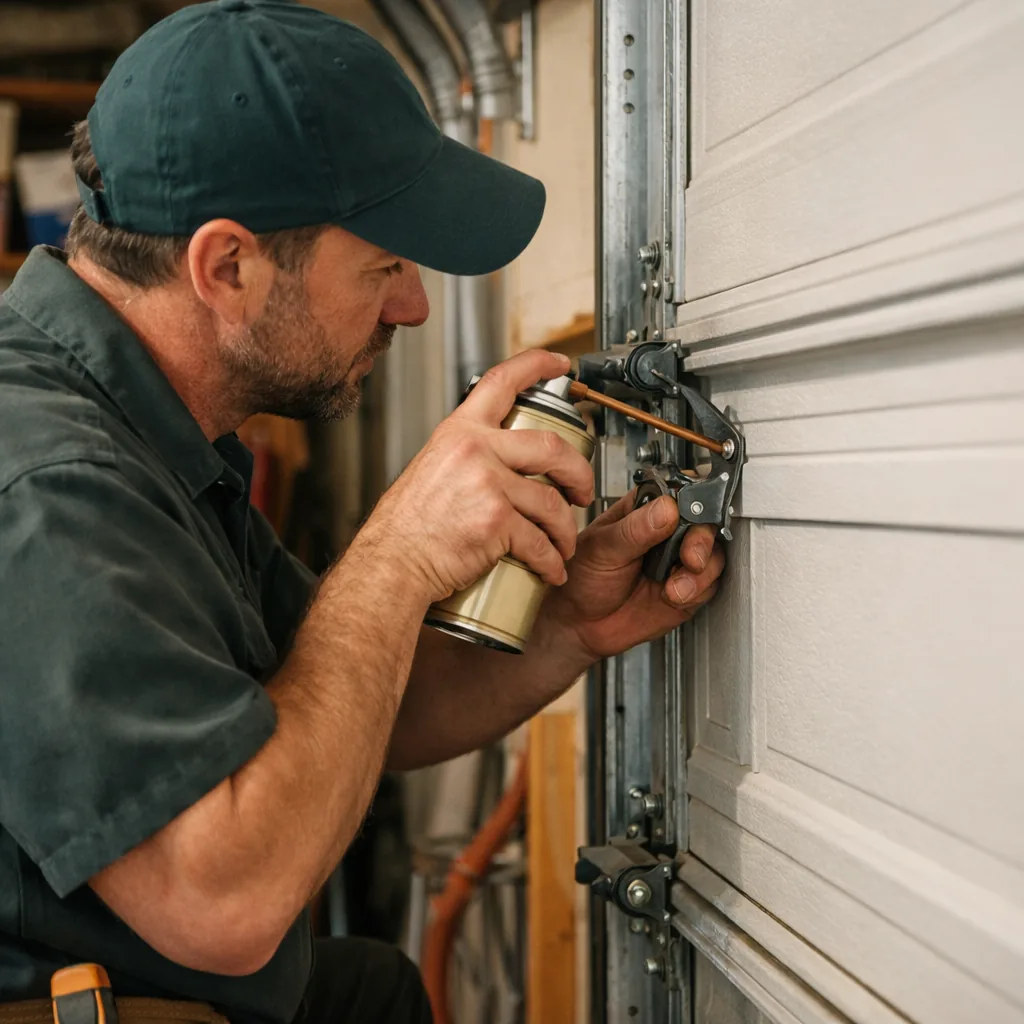 Technician in plain workwear lubricating and checking hinges and rollers on a sectional garage door inside a residential garage