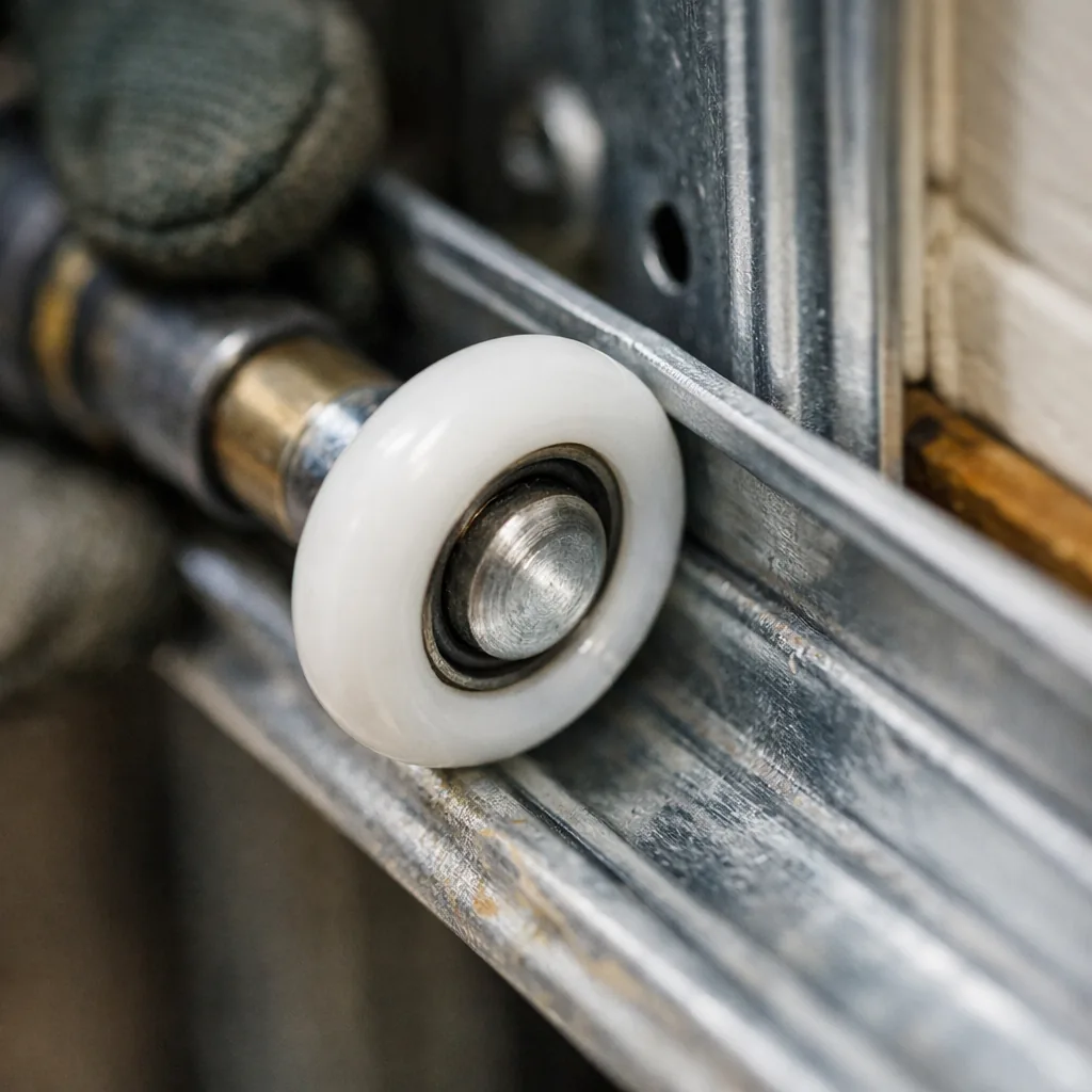 Close-up of a freshly replaced garage door roller seated in a clean track