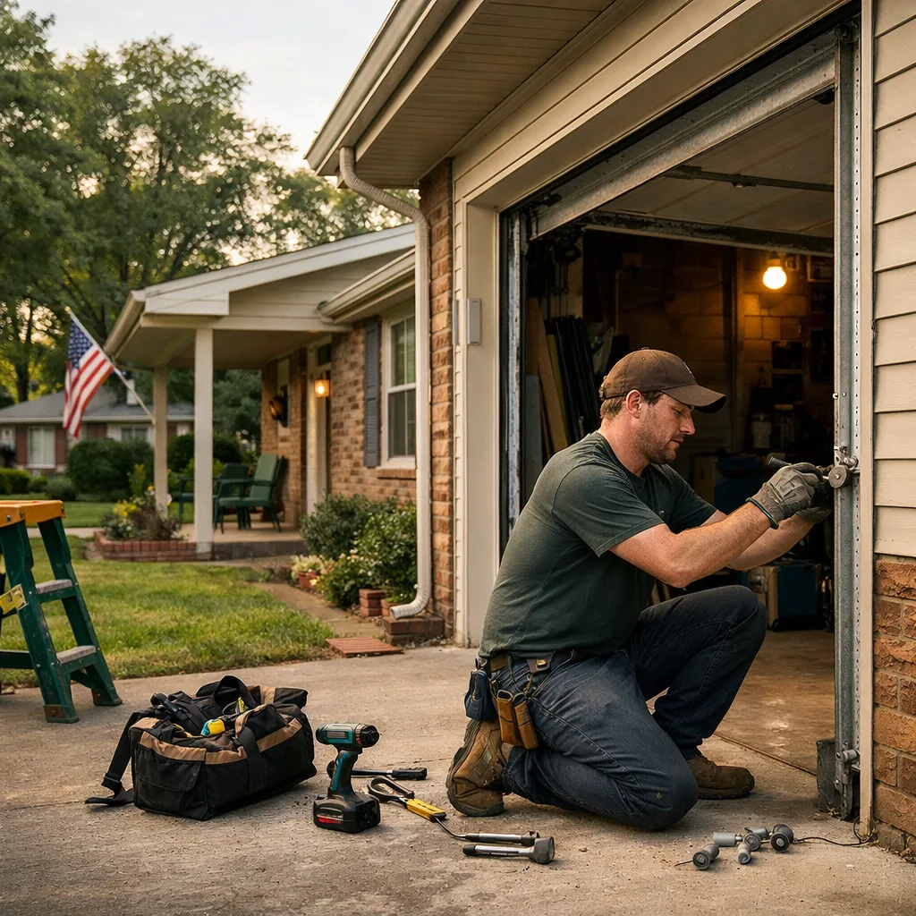 Wide view of a technician in plain workwear replacing a roller on the track of a one-car garage door on a ranch style home