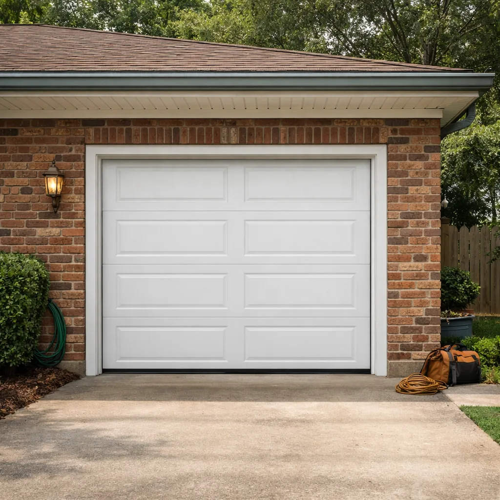 A repaired one-car garage door on a brick ranch style home, door closed, tracks and trim clean