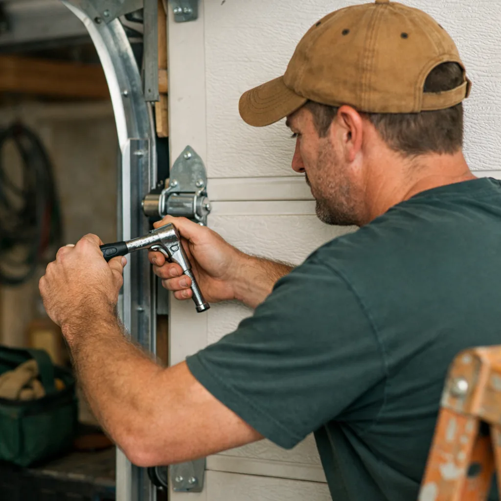 Technician in plain workwear tightening a hinge on a garage door panel