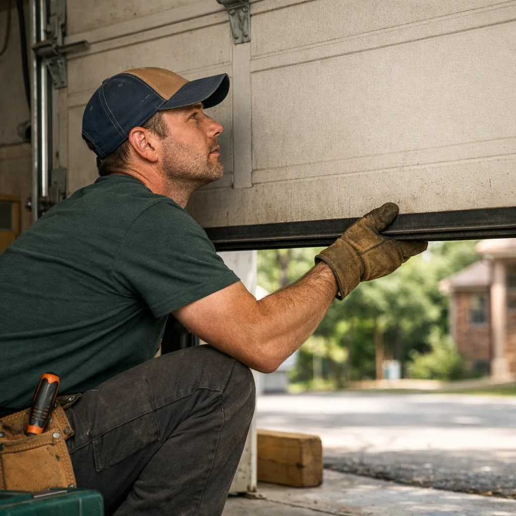 Technician in plain workwear testing the balance of a garage door by lifting it by hand