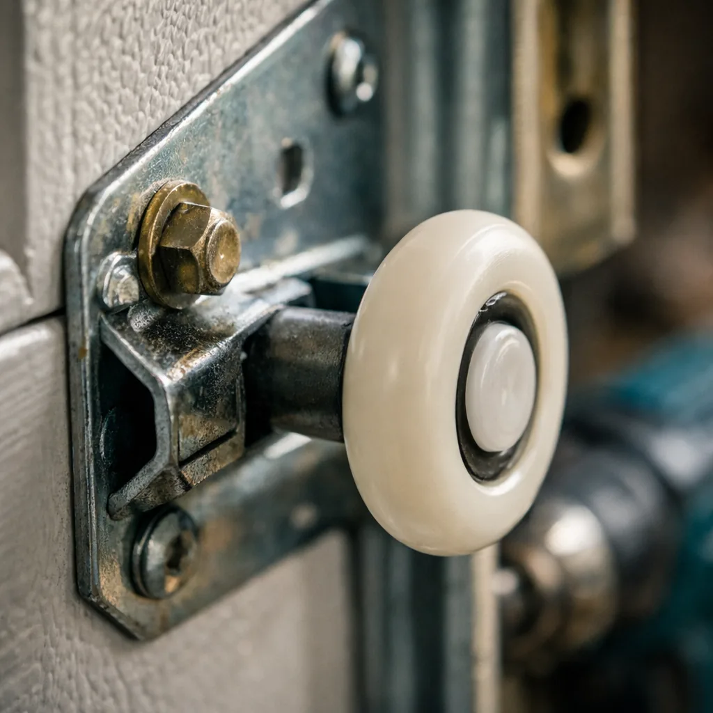 Close-up of new nylon rollers and hinges on a garage door panel