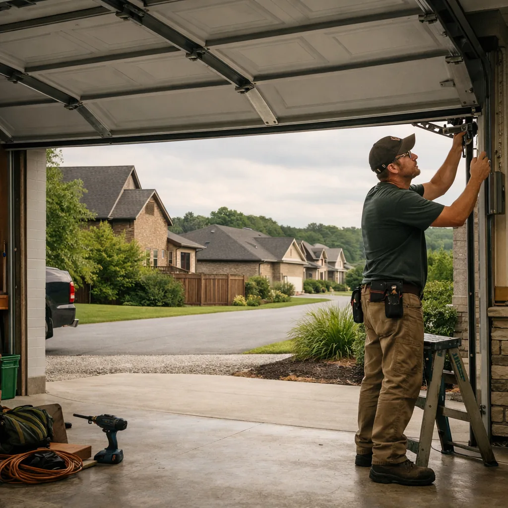 Technician in plain workwear checking the track alignment of an open two-car garage door at a newer suburban home