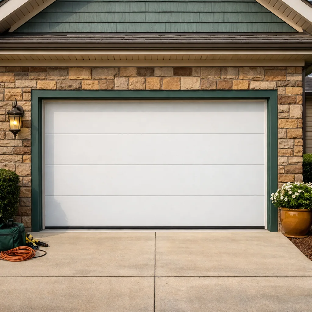 Repaired residential garage door fully closed and straight on a newer suburban home