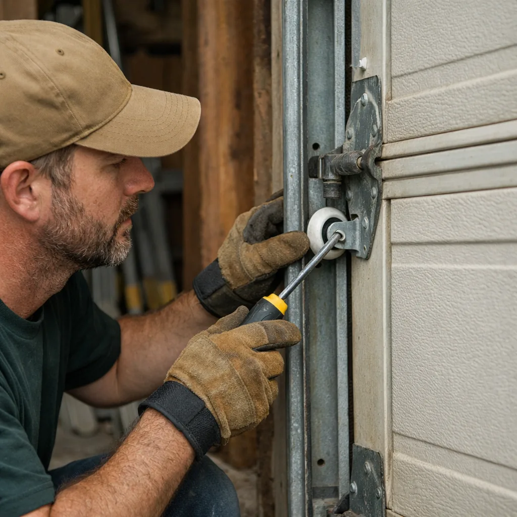 Technician in plain workwear guiding a garage door back into its vertical track with a roller being reseated
