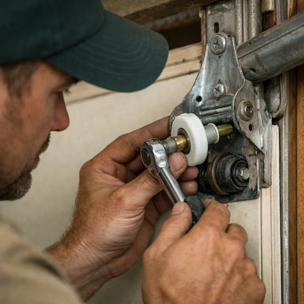 Technician in plain workwear replacing a worn roller in a garage door hinge, close working view