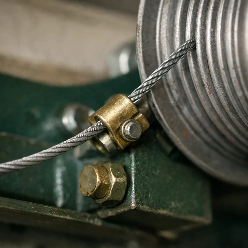 Close-up of a new cable running from the bottom bracket to a drum, seated correctly