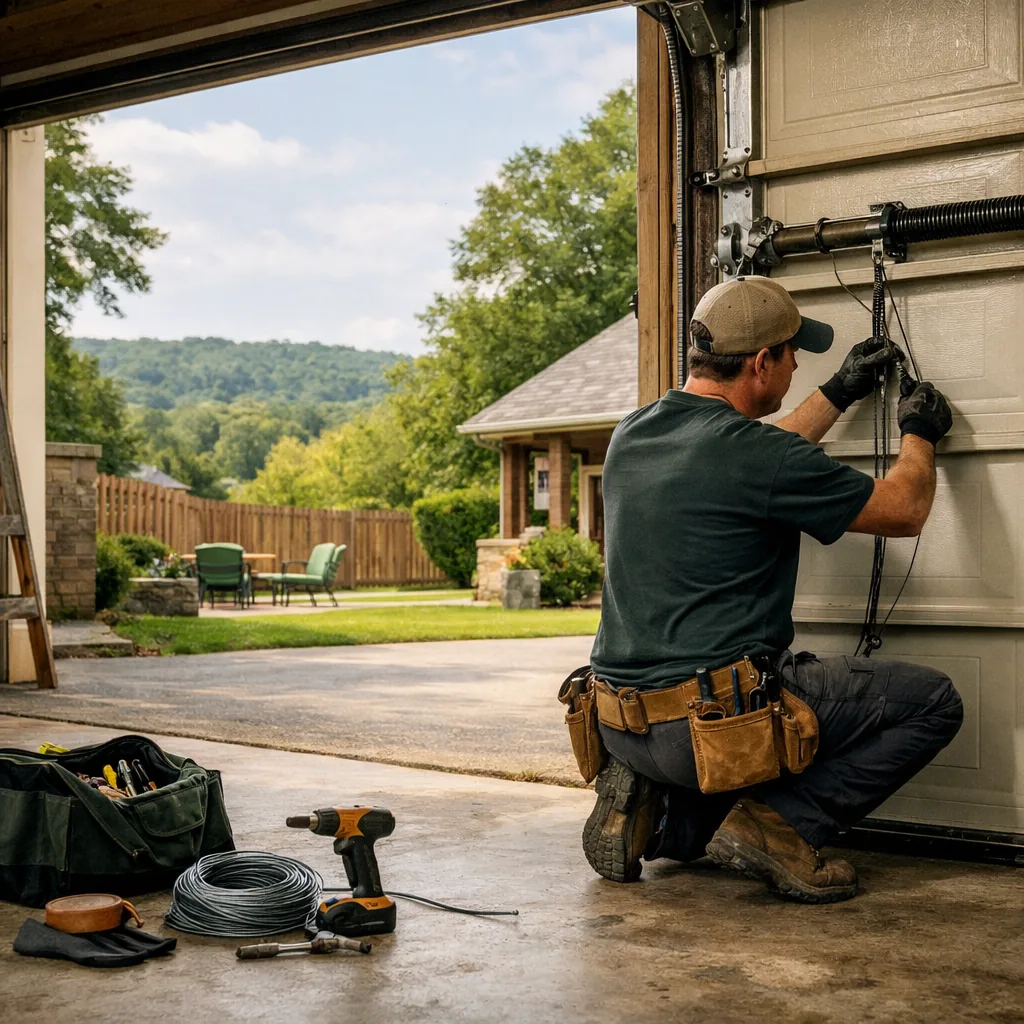 Technician in plain workwear replacing a cable on a residential garage door at a suburban home in daylight