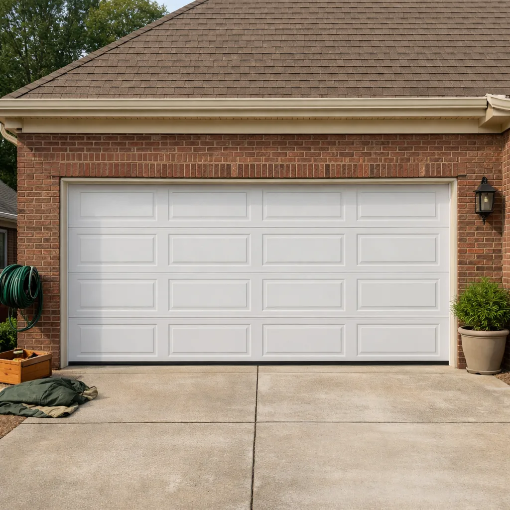 Repaired two-car garage door on a newer suburban brick house, closed and level in daylight