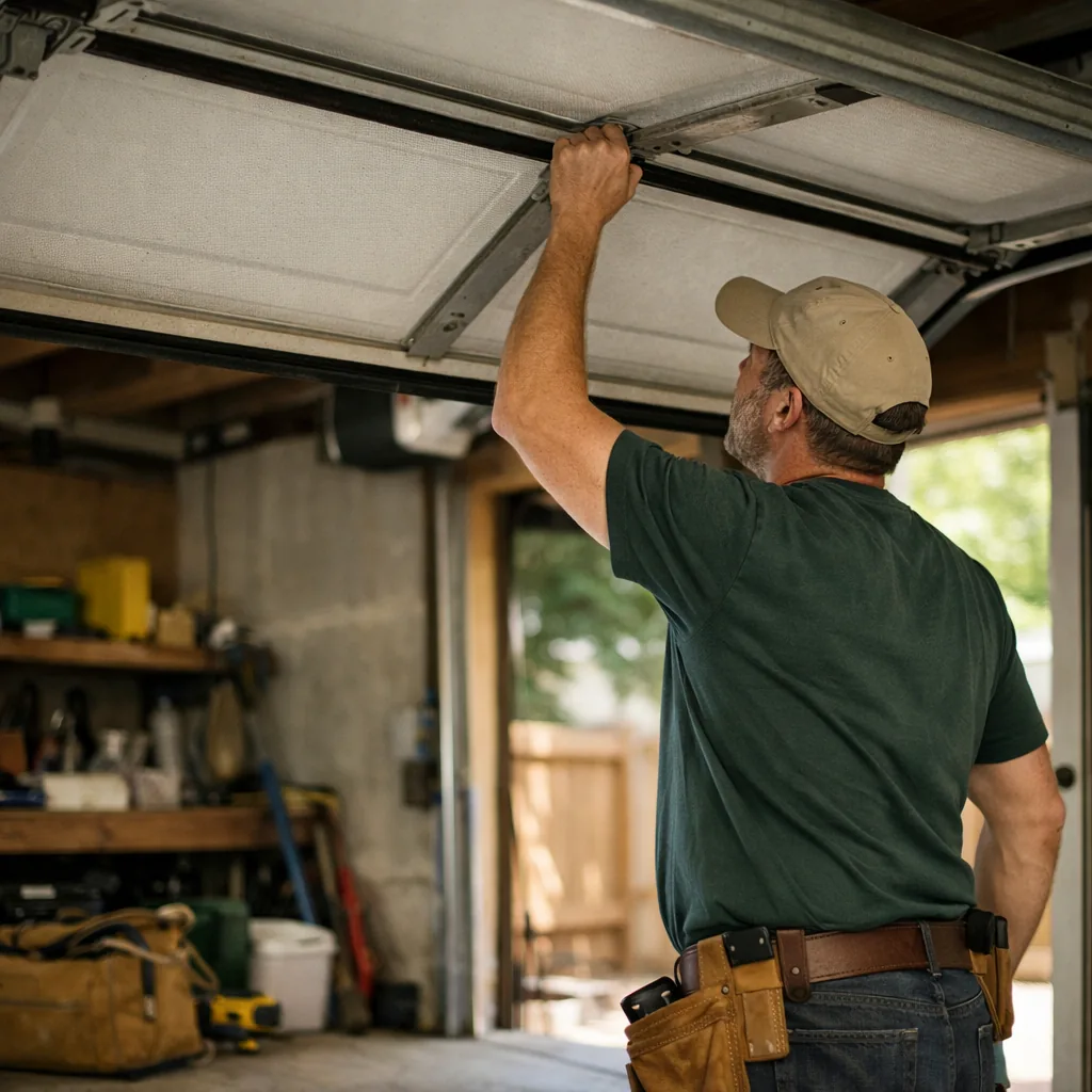 Technician in plain workwear checking the balance of an open garage door by lifting it by hand