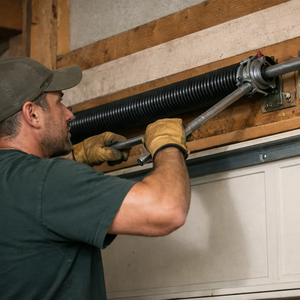 Technician in plain workwear winding a new torsion spring with two steel winding bars above a residential garage door