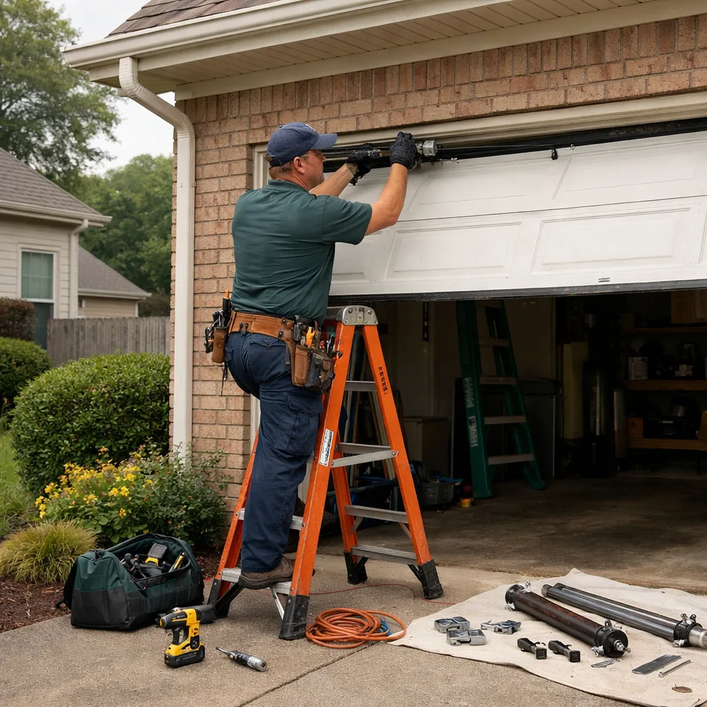 Uniformed technician at work on a garage door at a suburban Middle Tennessee home, seen from the driveway