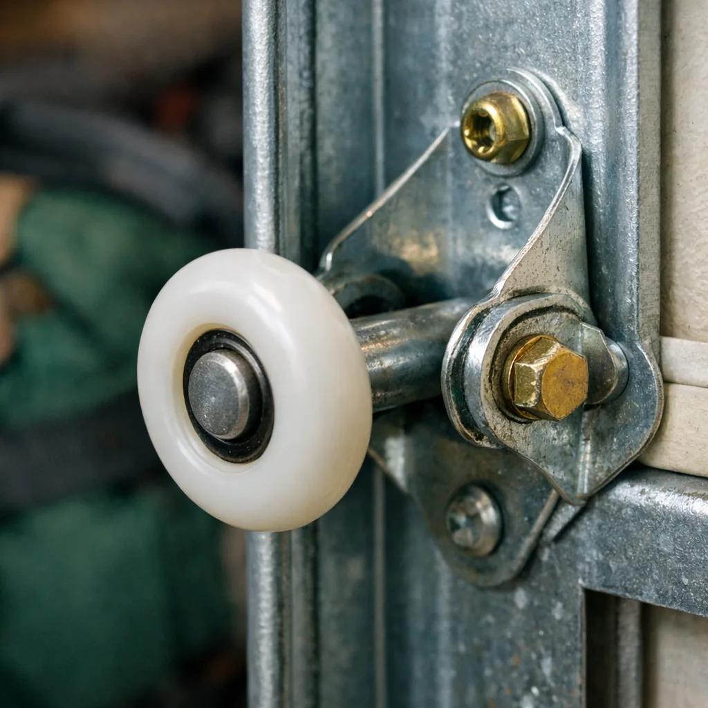 Close-up of new nylon rollers and a hinge seated in a clean galvanized vertical garage door track