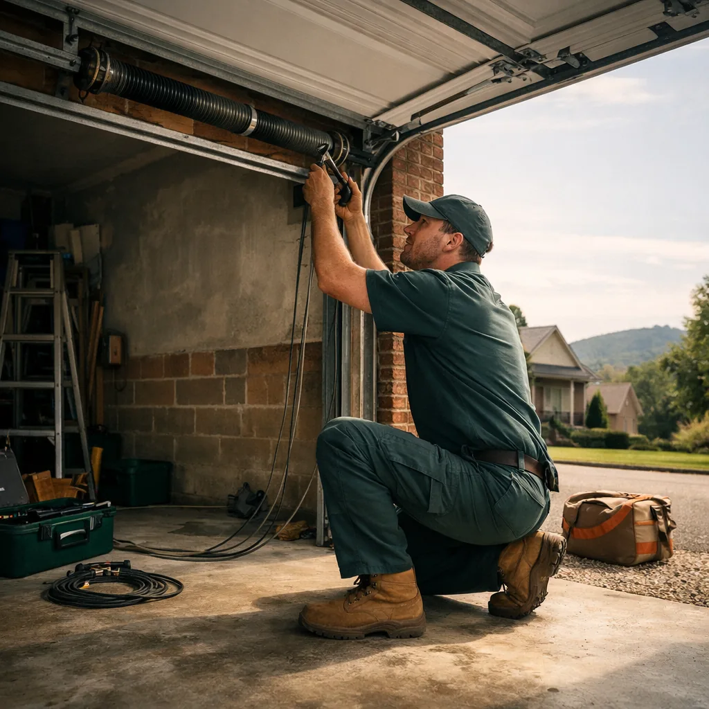 Technician in plain workwear kneeling beside an open residential garage door, inspecting the torsion spring and cables, with the driveway and brick house in view